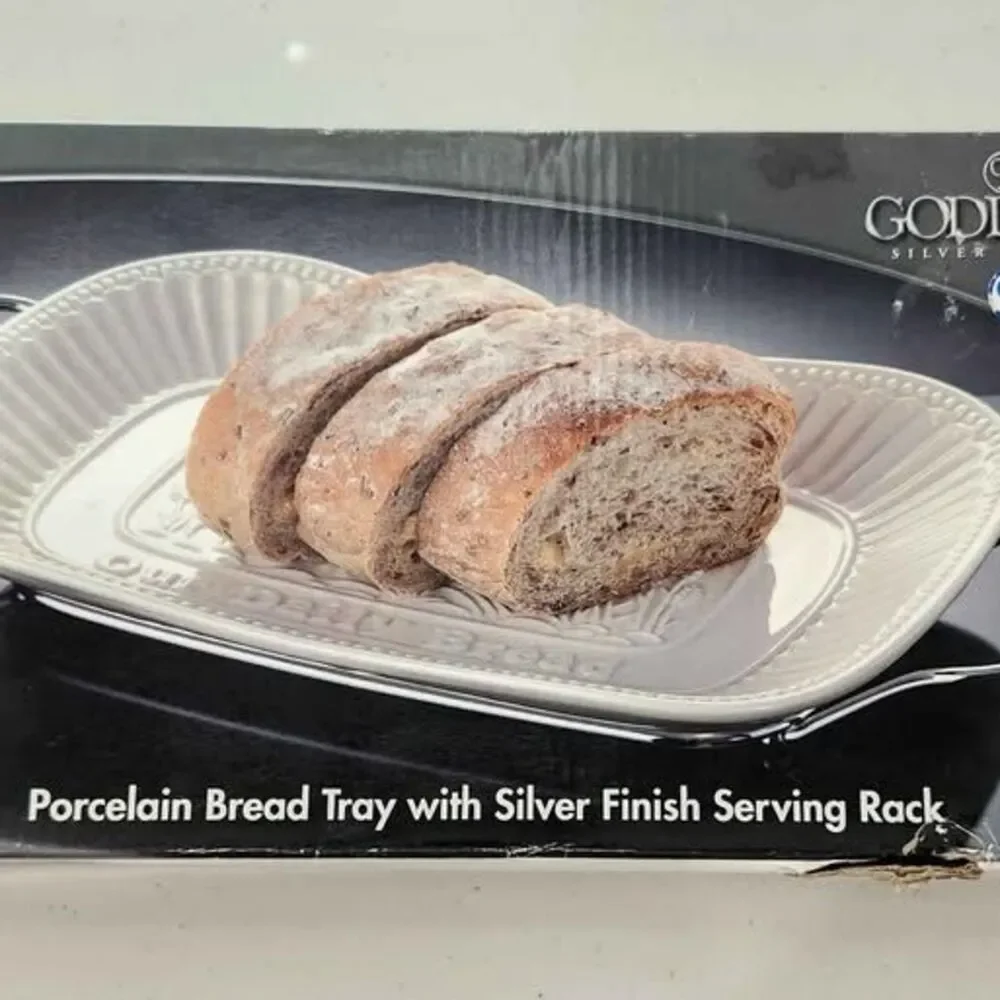 NEW Godinger Porcelain Bread Tray with a Silver Finish Serving Rack